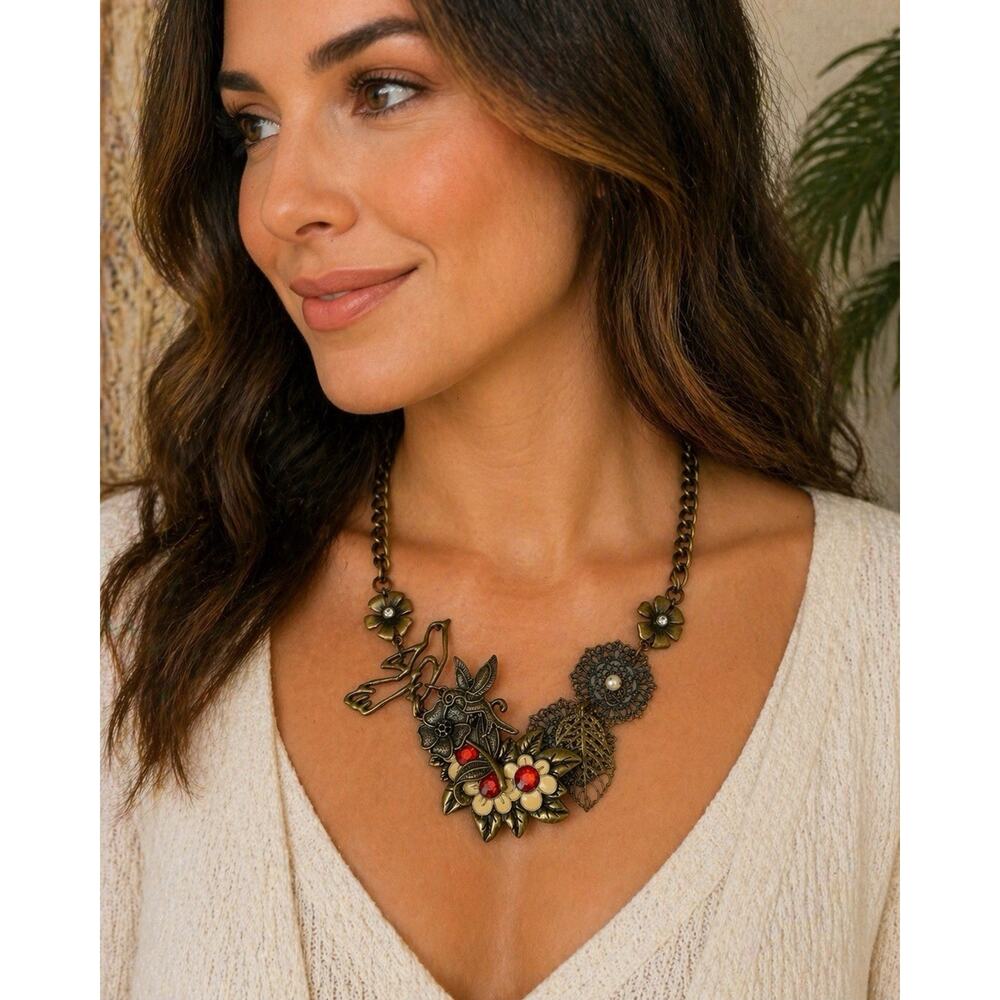 Vintage Statement Necklace Brass Tone Floral Bird Rhinestone Boho Bib Collage - Picture 1 of 10